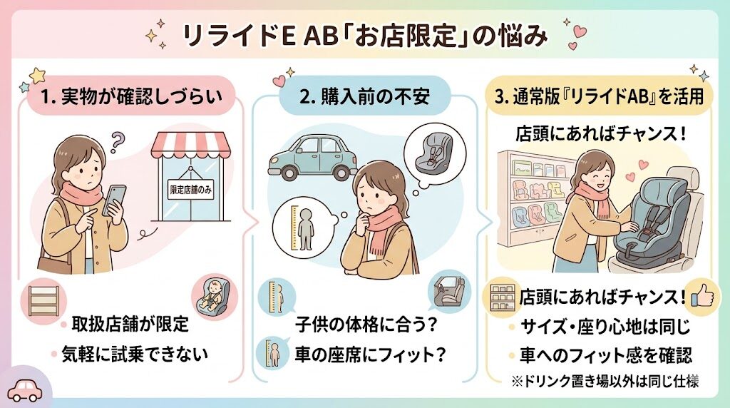 アップリカのリライドE ABの悪い口コミ：お店が限定され実物を確認しづらい