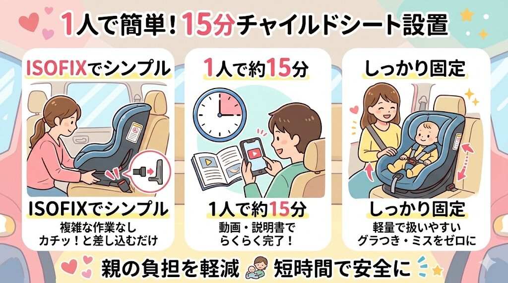 アップリカのリライドE ABの良い口コミ：ISOFIX固定により一人でも15分で設置できる