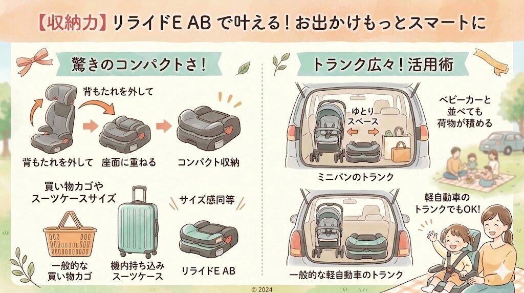 【収納力】アップリカのリライドE ABはベビーカーと並べてもトランクが広々